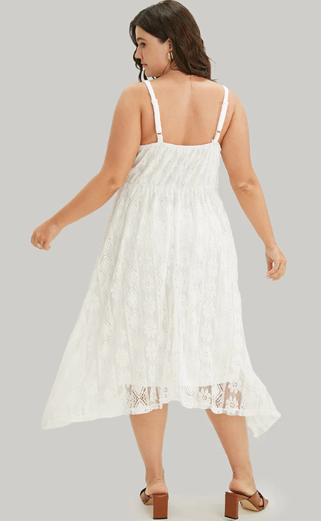 Solid Lace Tassel Trim Pocket Asymmetrical Hem Spaghetti Strap Dress