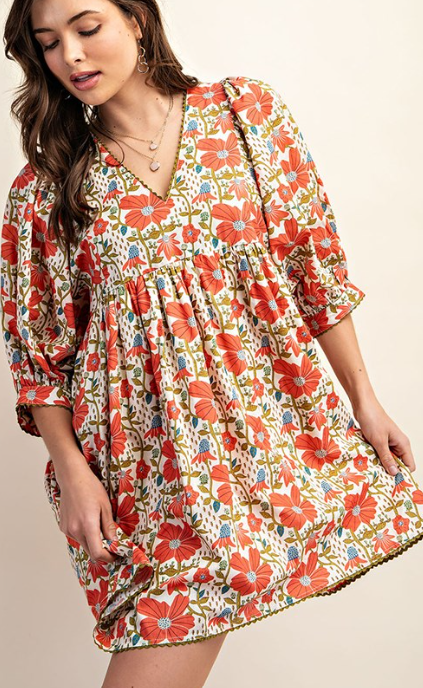 Floral Print Mini Dress with Puff Sleeve and Lace Trim