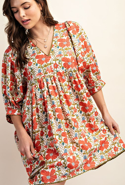 Floral Print Mini Dress with Puff Sleeve and Lace Trim