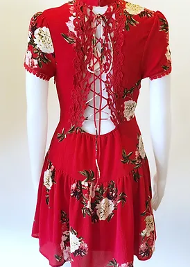 Entro Red Short-Sleeve Floral Drop-Waist Dress with Lace-Up Open Back