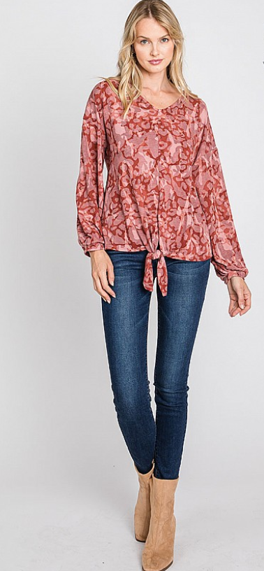 Plus Self Tie Multi Print Long Sleeve Top