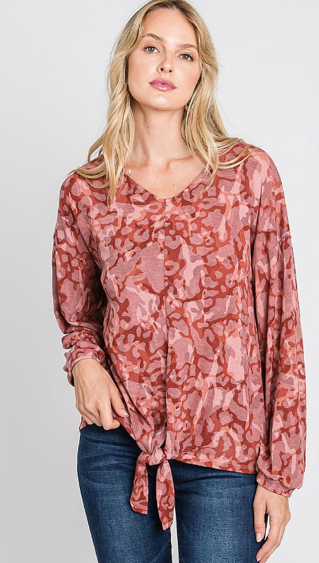 Plus Self Tie Multi Print Long Sleeve Top