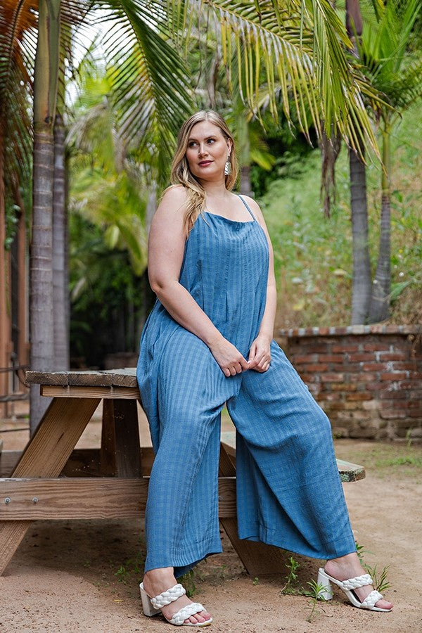 Texture Woven Sleeveless Jumpsuit with Side Button