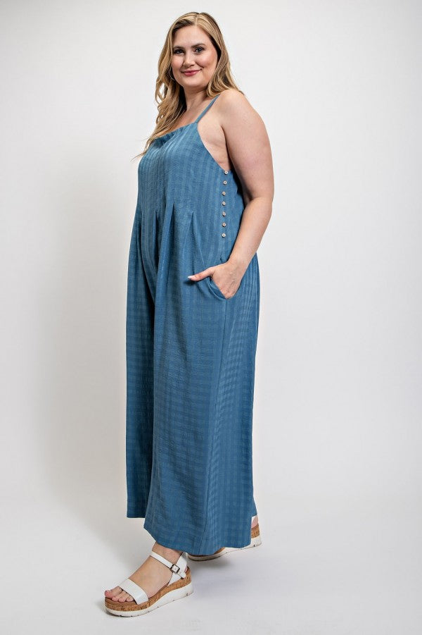 Texture Woven Sleeveless Jumpsuit with Side Button