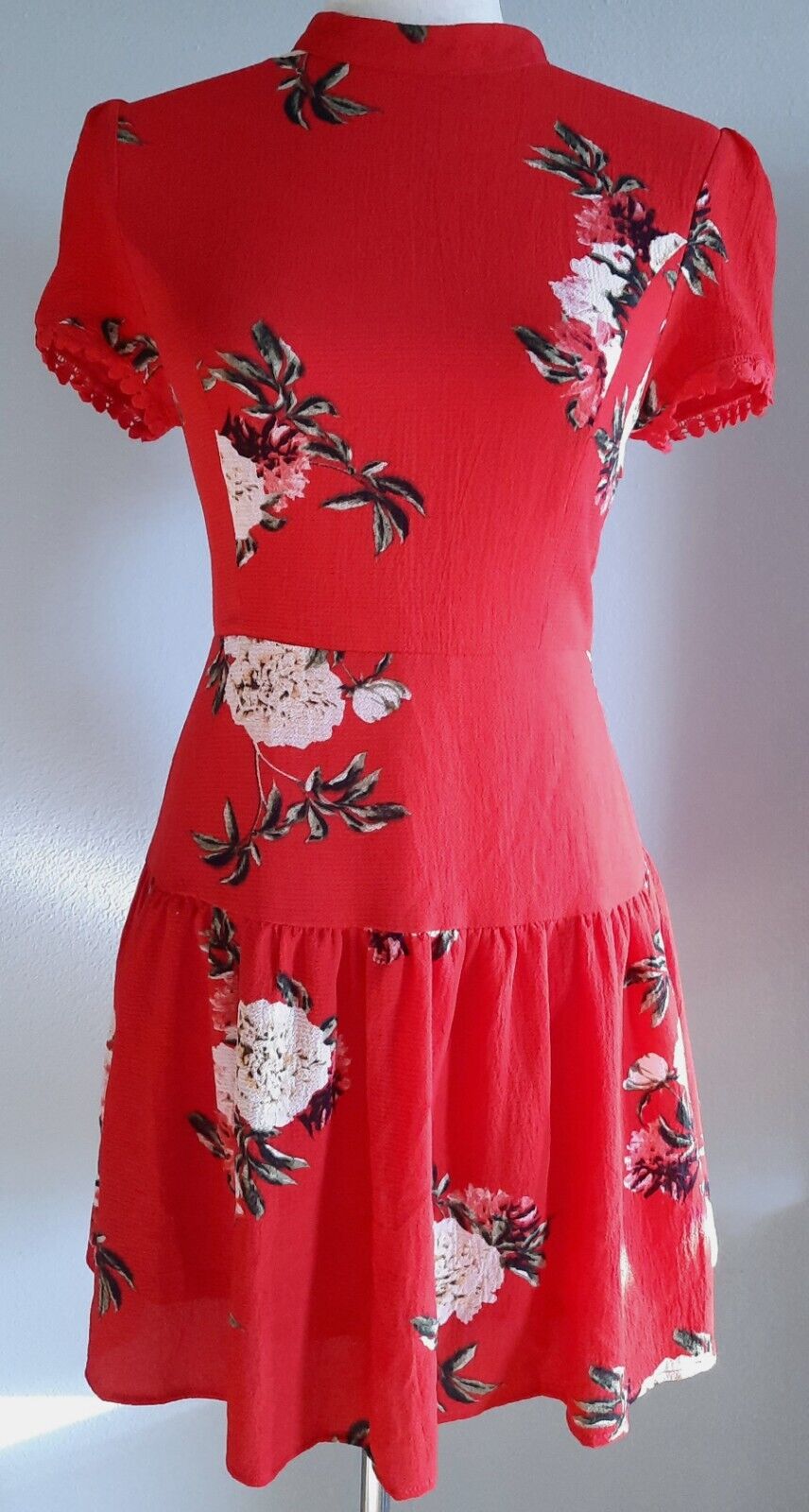 Entro Red Short-Sleeve Floral Drop-Waist Dress with Lace-Up Open Back