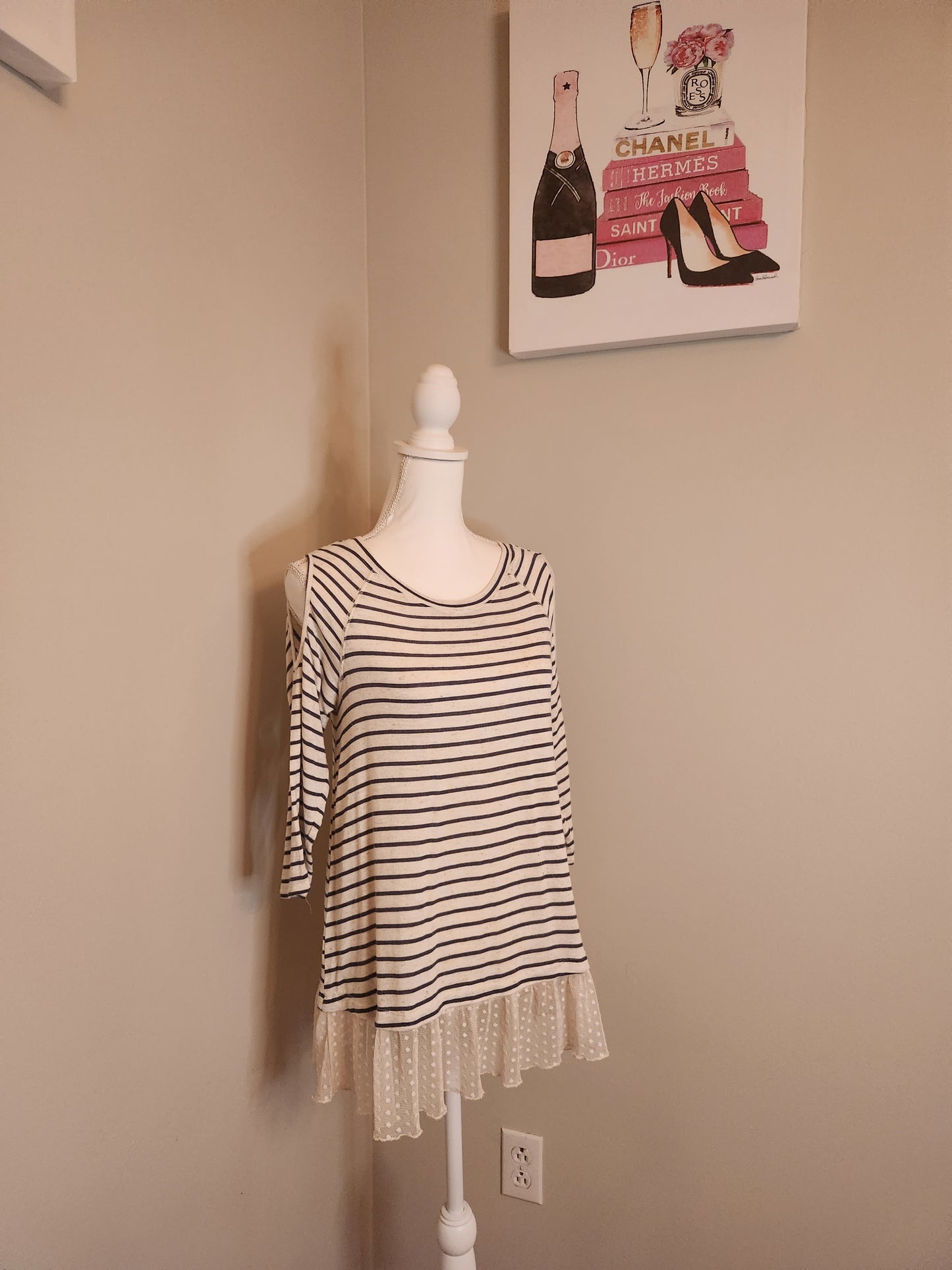 Striped Tunic, sheer hem and cold shoulder