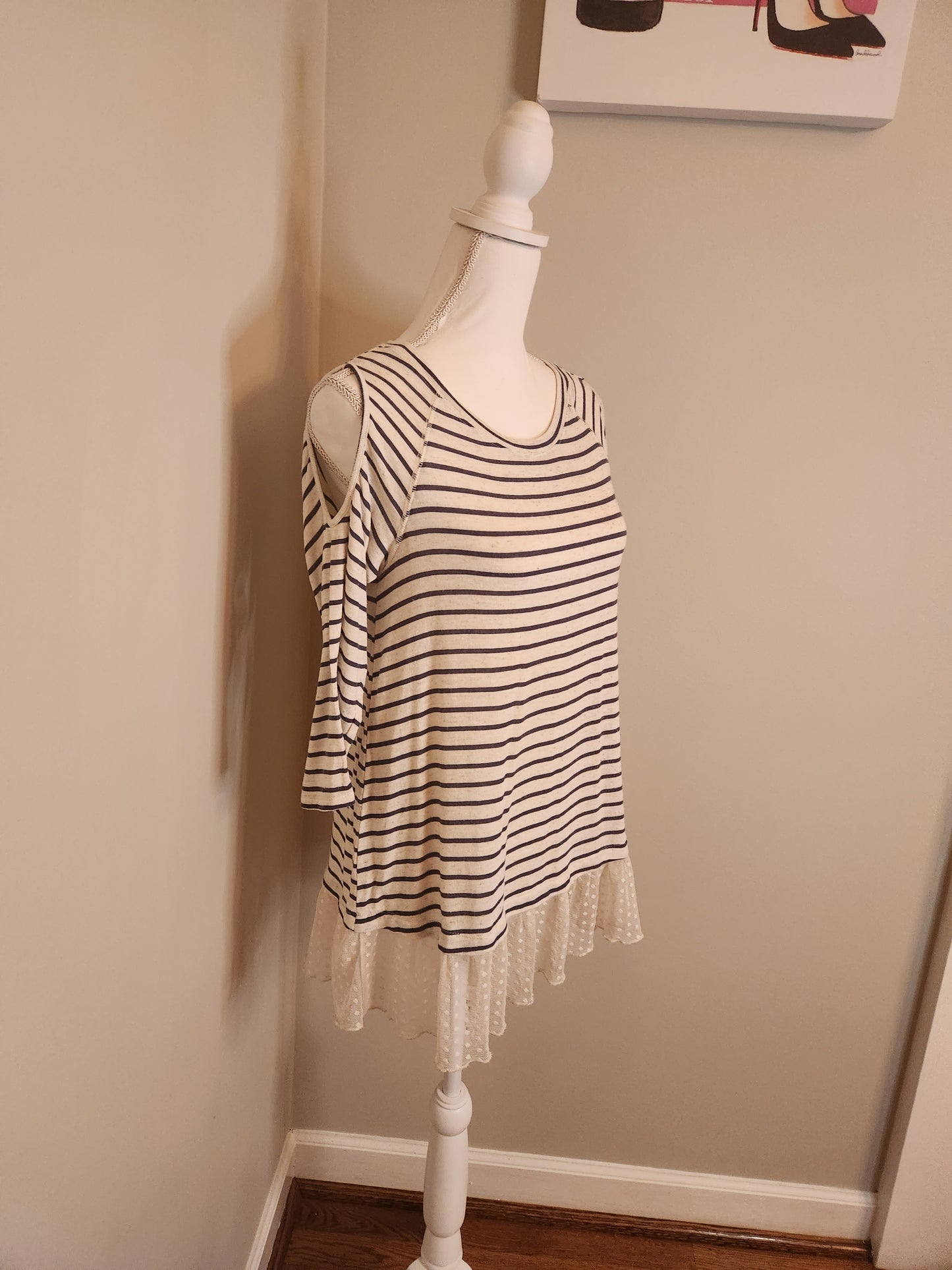 Striped Tunic, sheer hem and cold shoulder