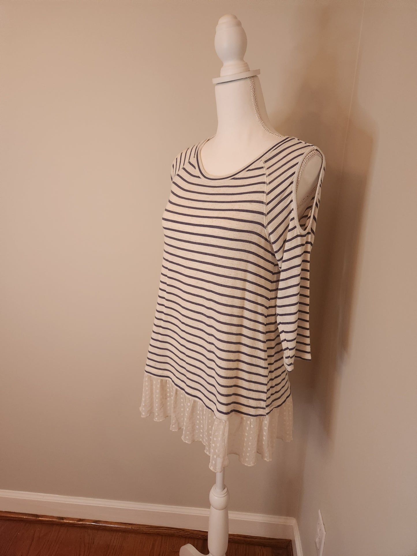 Striped Tunic, sheer hem and cold shoulder