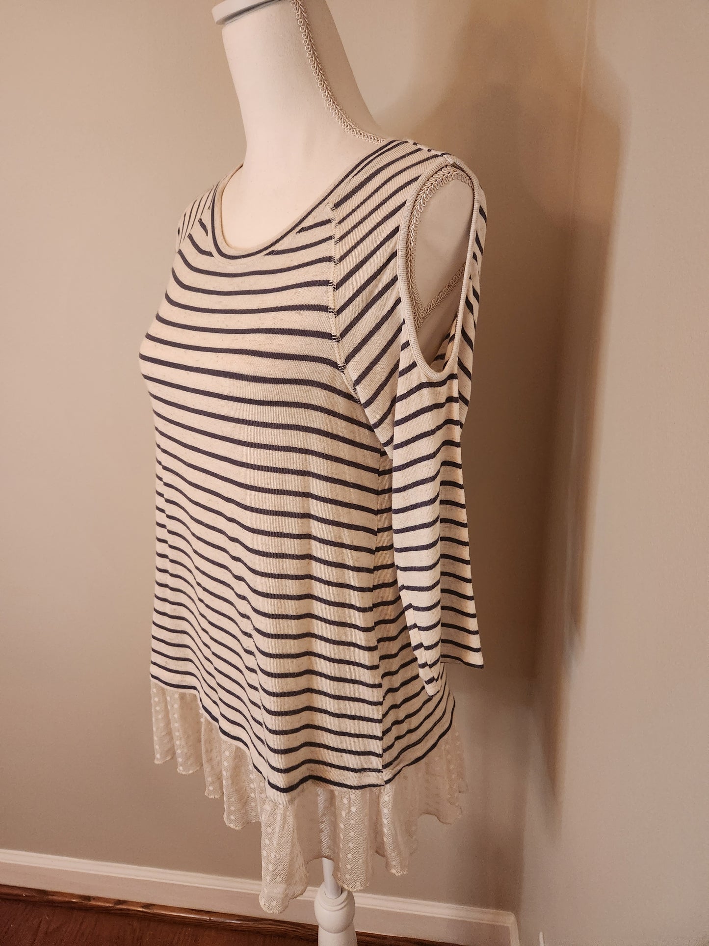 Striped Tunic, sheer hem and cold shoulder