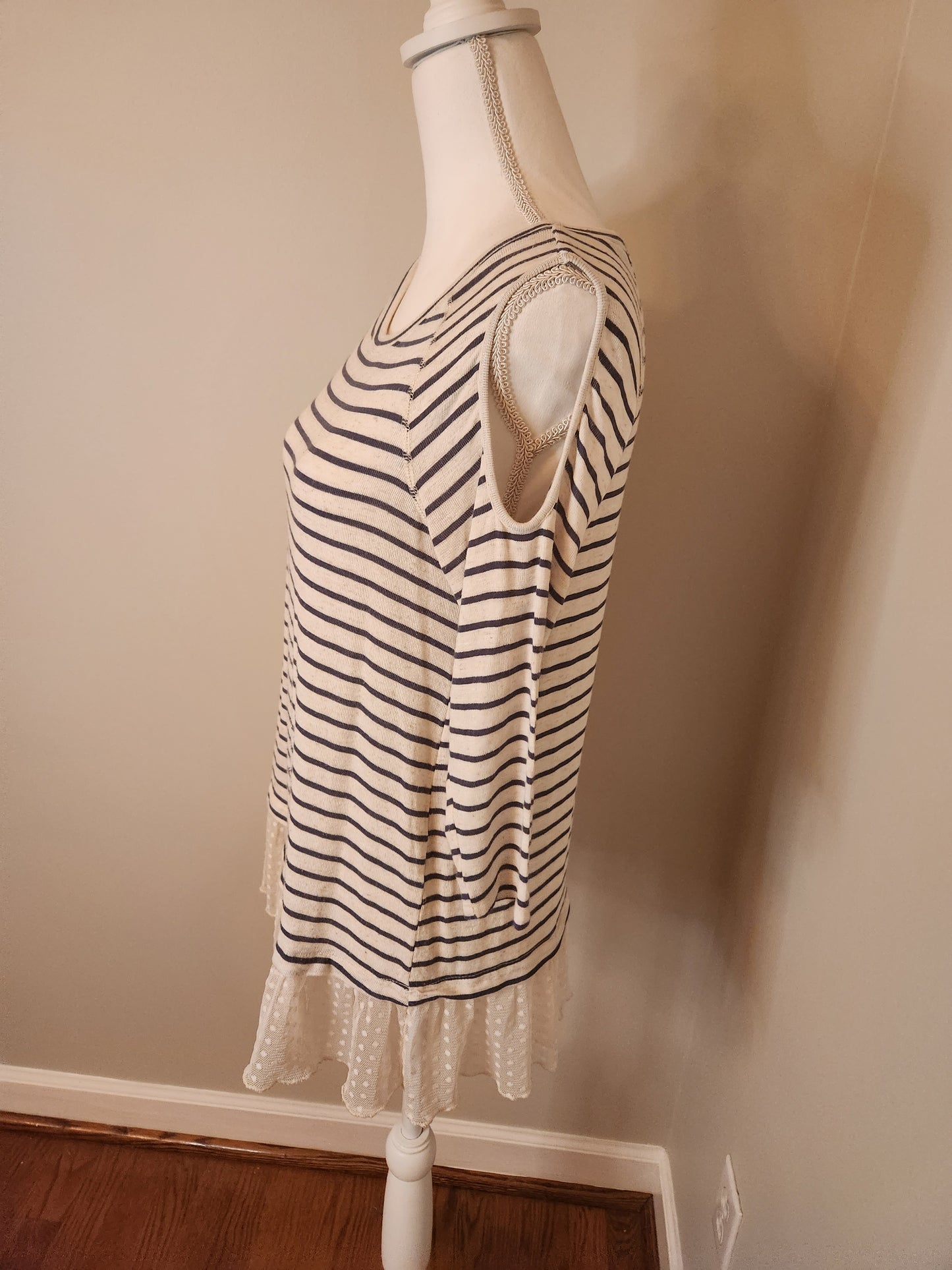 Striped Tunic, sheer hem and cold shoulder