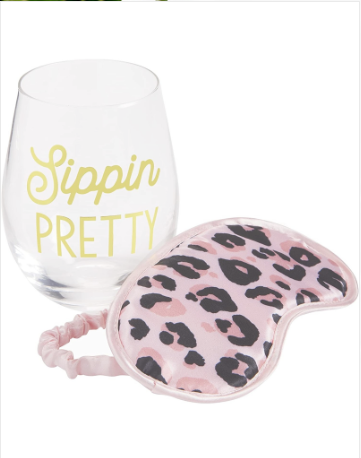 Mud Pie Sip N Snooze Wine Glass N Sleep Mask Gift Set Sippin Pretty